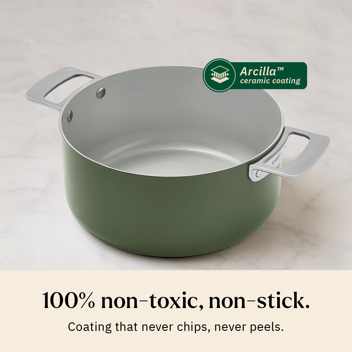 Ember Cookware Arcilla Ceramic Dutch Oven 24cm | 5 Litre Non Stick Non Toxic Pot with Lid | ISI Certified | Ceramic Cookware | Biryani Pot | Steel Handle | PFAS & PTFE Free | 5-Year Warranty | Green