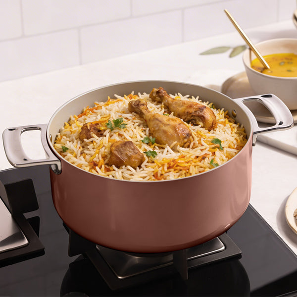 Ember Cookware Arcilla Ceramic Dutch Oven 24cm | 5 Litre Non Stick Non Toxic Pot with Lid | ISI Certified | Ceramic Cookware | Biryani Pot | Steel Handle |PFAS & PTFE Free| 5-Year Warranty |Terracotta dimensions