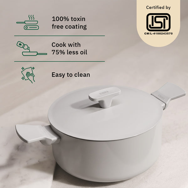 Ember Cookware Arcilla Ceramic Dutch Oven | 5 Litre Non Stick Non Toxic Pot with Lid | Isi Certified | Ceramic Cookware | Biryani Pot | Grey dimensions