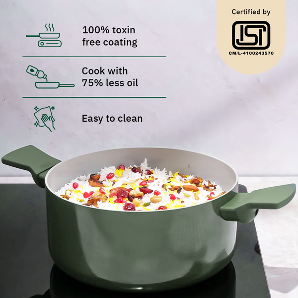 Ember Cookware Arcilla Ceramic Dutch Oven | 5 Litre Non Stick Non Toxic Pot with Lid | Isi Certified | Ceramic Cookware | Biryani Pot | Green dimensions