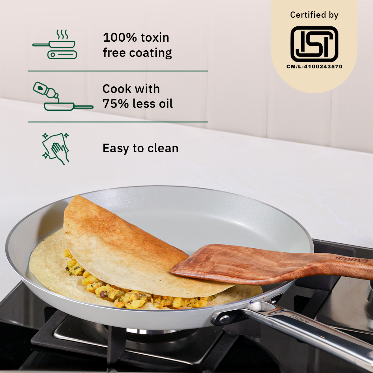 Ember Cookware Arcilla Ceramic Non Stick Tawa 28cm | Non Toxic Roti & Chapati Pan | ISI Certified | Ceramic Cooking Tawa | Steel Handle | PFAS & PTFE Free | 5-Year Warranty | Grey