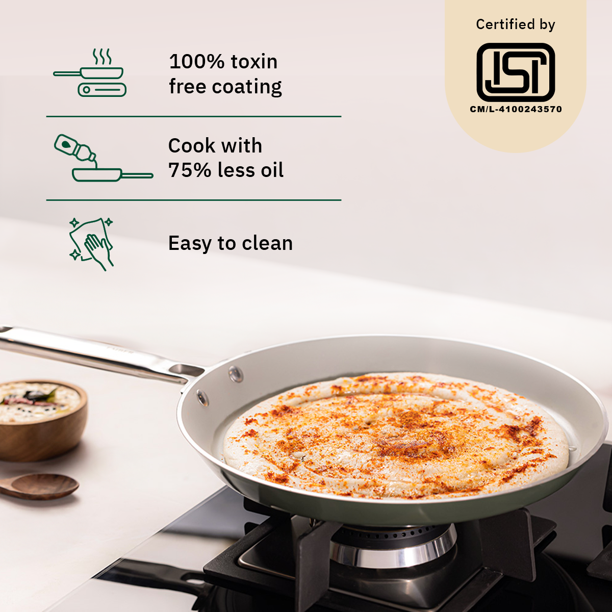 Ember Cookware Arcilla Ceramic Non Stick Tawa | Non Toxic Roti & Chapati Pan | Isi Certified | Ceramic Cooking Tawa | Green