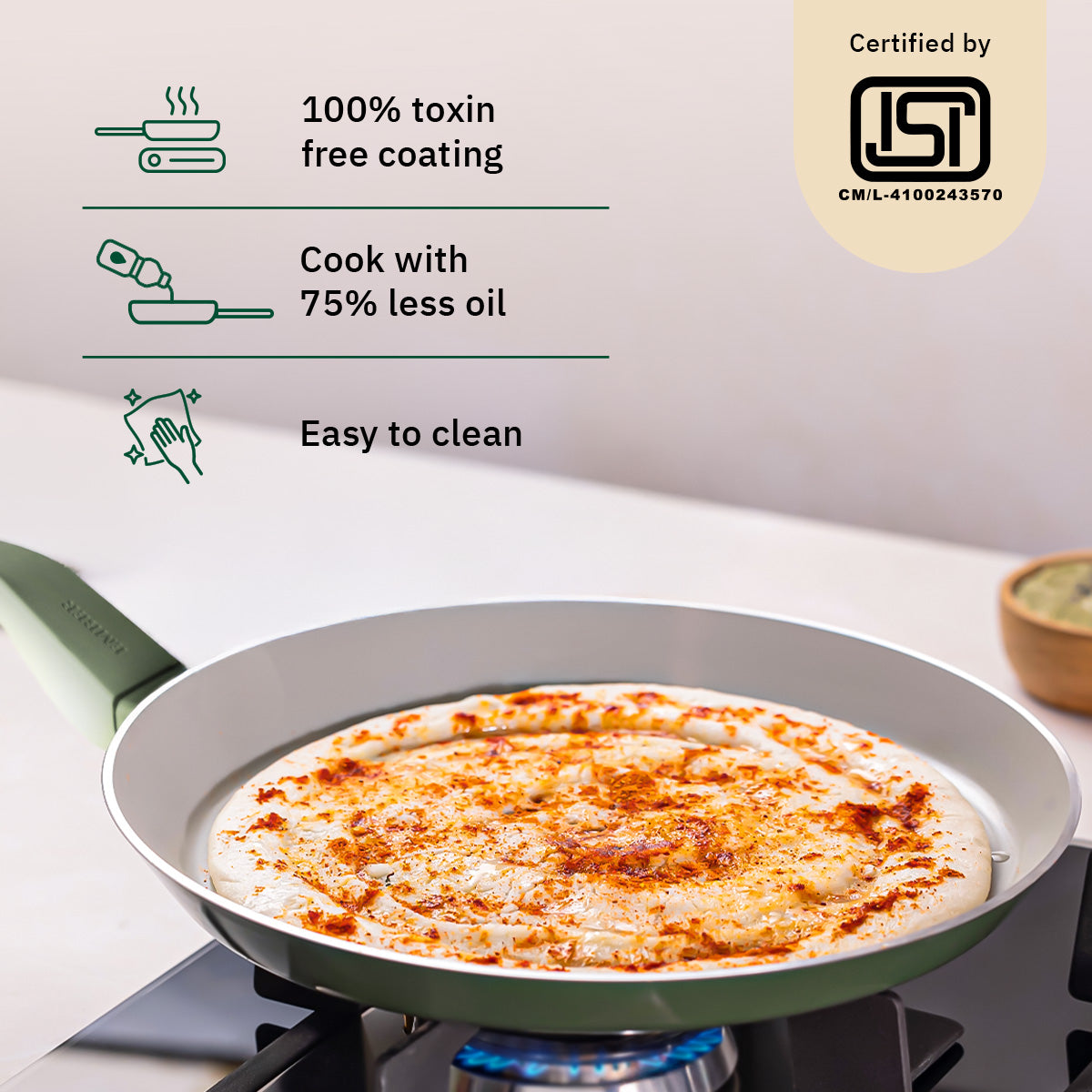 Ember Cookware Arcilla Ceramic Non Stick Tawa 28cm | Non Toxic Roti & Chapati Pan | ISI Certified | Ceramic Cooking Tawa | PFAS & PTFE Free | 5-Year Warranty | Green