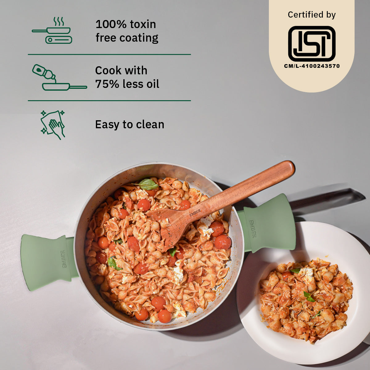 Ember Cookware Arcilla Ceramic Dutch Oven | 2.6 Litre Non Stick Non Toxic Pot with Metallic Lid | Isi Certified | Ceramic Cookware | Biryani Pot | Green