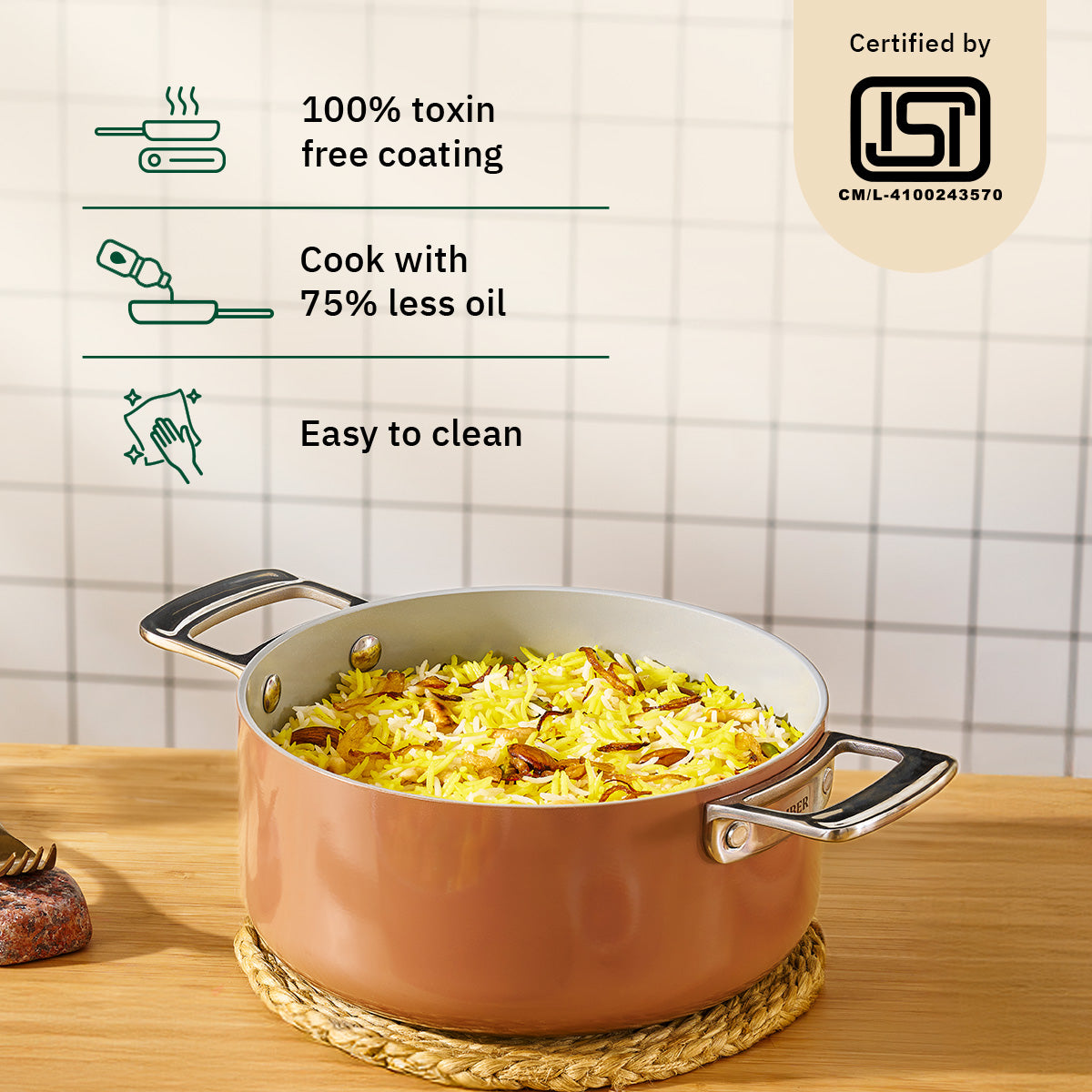 Ember Cookware Arcilla Ceramic Dutch Oven 20cm | 2.6 Litre Non Stick Non Toxic Pot with Metallic Lid | ISI Certified | Ceramic Cookware | Biryani Pot | Steel Handle | 5-Year Warranty | Terracotta