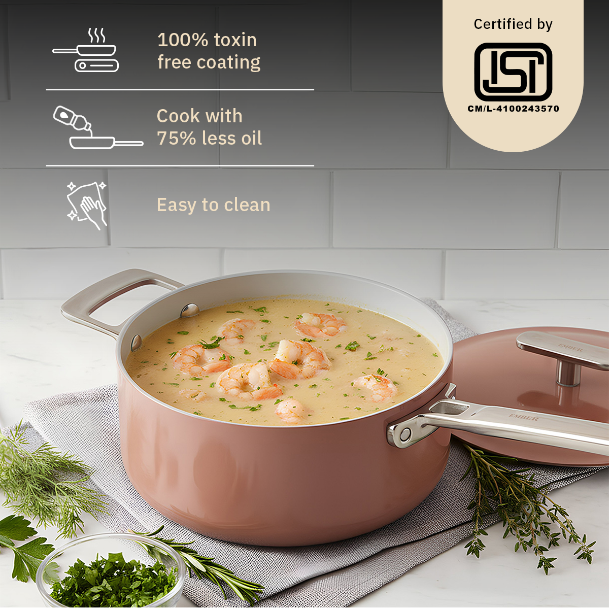 Ember Cookware Arcilla Ceramic Saucepan 20cm | Non Stick Pan with Metallic Lid | ISI Certified | Ceramic Cookware | Tea Pan| Milk Pan | 5-Year Warranty | PFAS & PTFE Free| Induction Safe| Terracotta