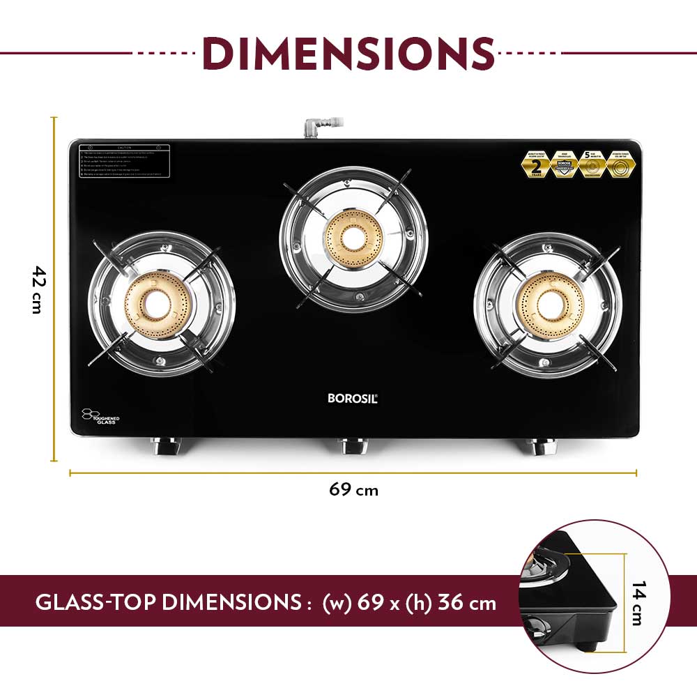 BOROSIL MAGNUM 3 BURNER COOKTOP 8MM TOUGHENED GLASSTOP