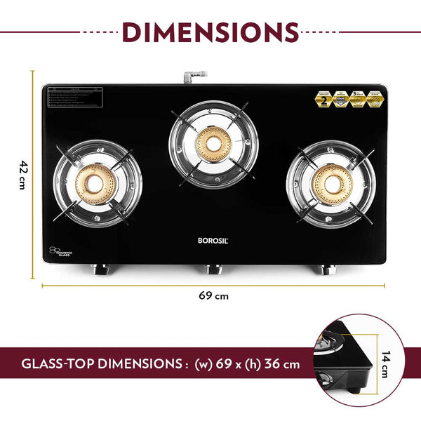 Borosil Magnum 3 Burner Cooktop Toughened Glasstop dimensions
