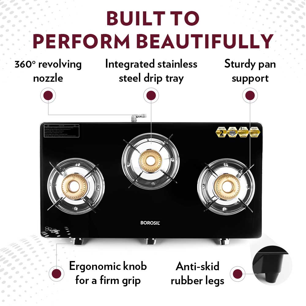 BOROSIL MAGNUM 3 BURNER COOKTOP 8MM TOUGHENED GLASSTOP