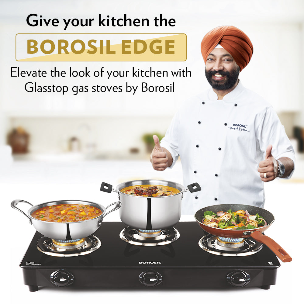 BOROSIL MAGNUM PRO 3 BURNER COOKTOP 8MM TOUGHENED GLASSTOP