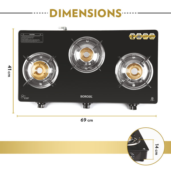 Borosil Magnum Pro 3 Burner Cooktop Toughened Glasstop dimensions