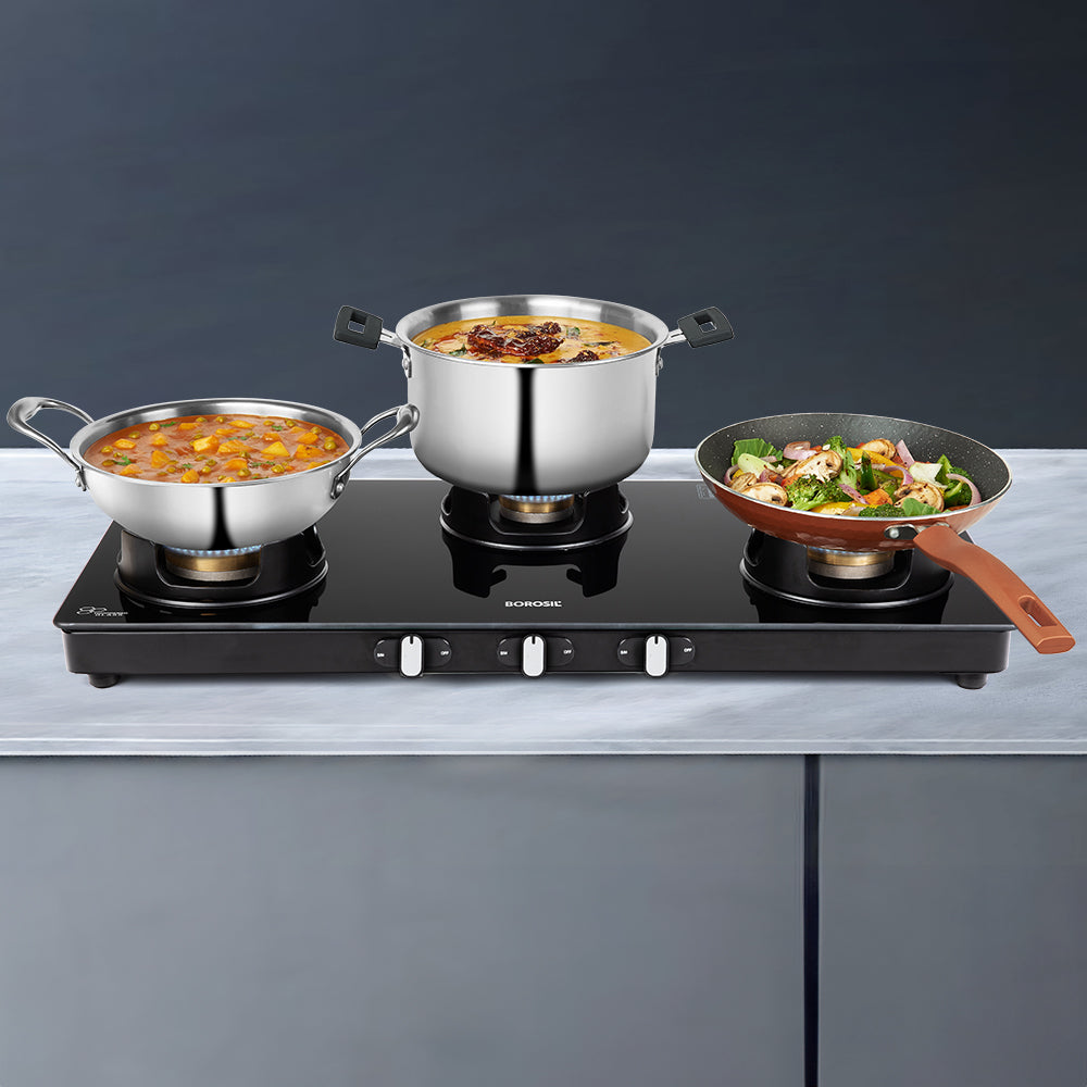 BOROSIL FLAME STAR 3 BURNER COOKTOP  8MM TOUGHENED GLASSTOP