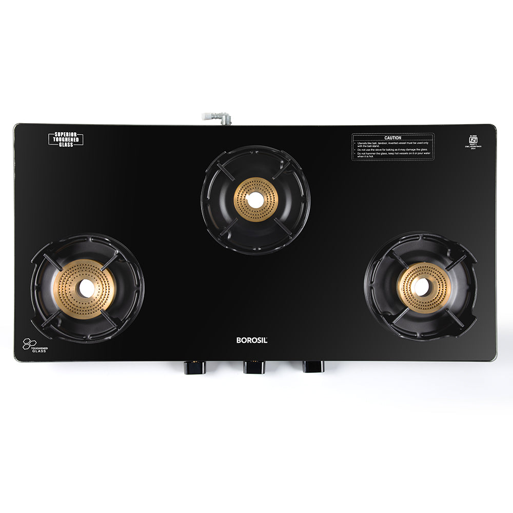 BOROSIL FLAME STAR 3 BURNER COOKTOP  8MM TOUGHENED GLASSTOP