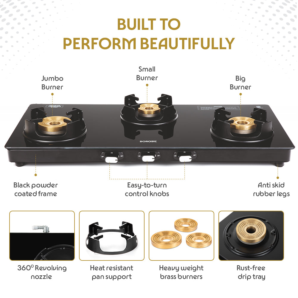 BOROSIL FLAME STAR 3 BURNER COOKTOP  8MM TOUGHENED GLASSTOP