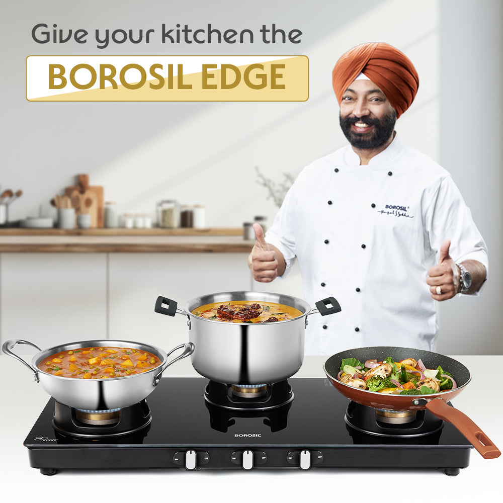 BOROSIL FLAME STAR 3 BURNER COOKTOP  8MM TOUGHENED GLASSTOP