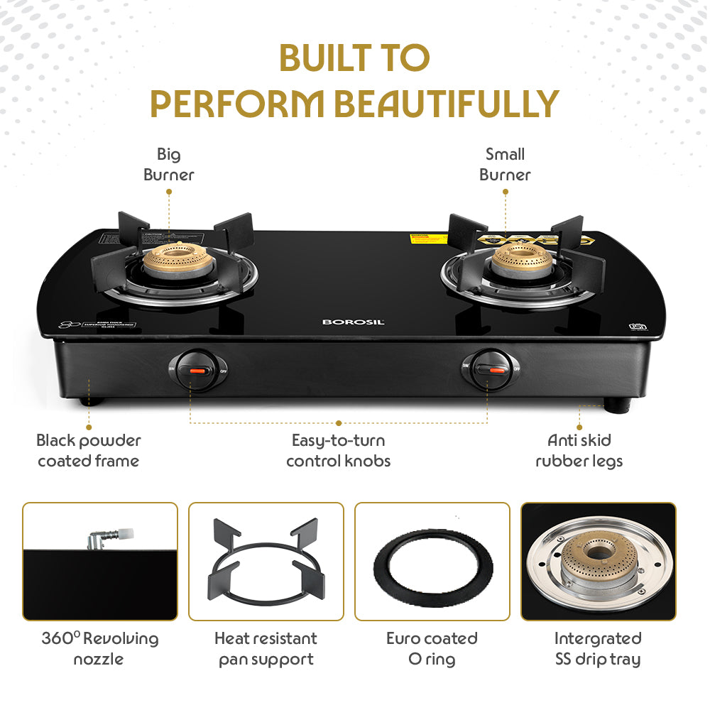 BOROSIL PRIMA 2 BURNER COOKTOP  8MM TOUGHENED GLASSTOP