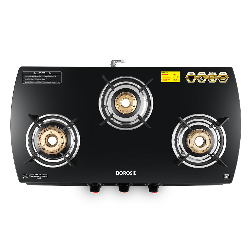 BOROSIL PRIMA 3 BURNER COOKTOP 8MM TOUGHENED GLASSTOP