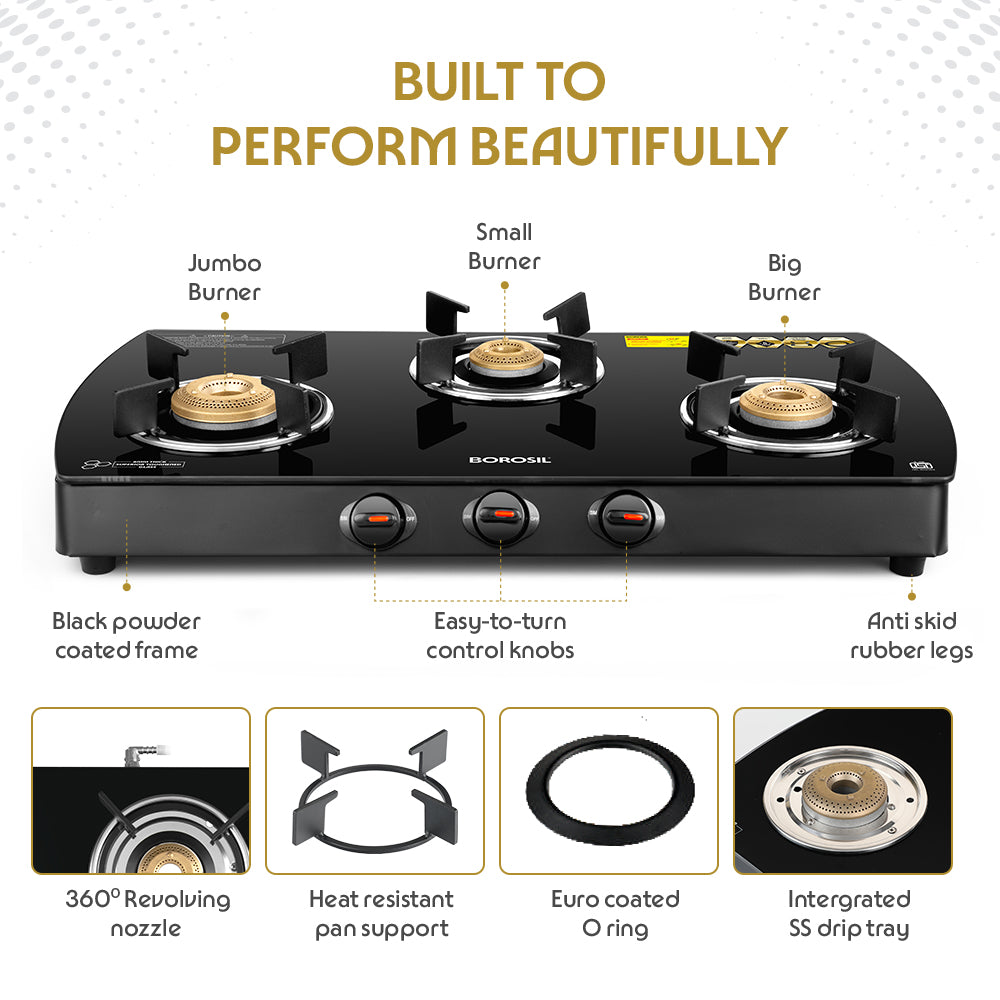 BOROSIL PRIMA 3 BURNER COOKTOP 8MM TOUGHENED GLASSTOP