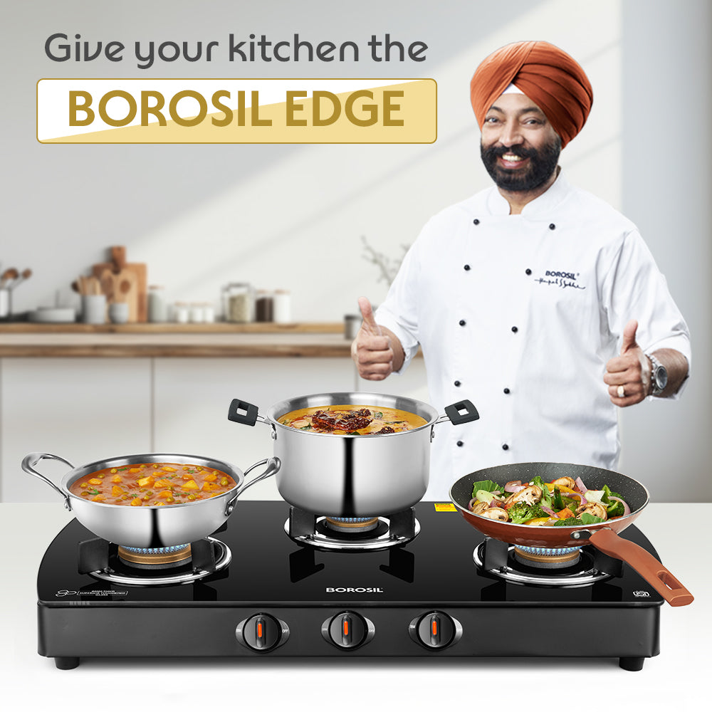BOROSIL PRIMA 3 BURNER COOKTOP 8MM TOUGHENED GLASSTOP