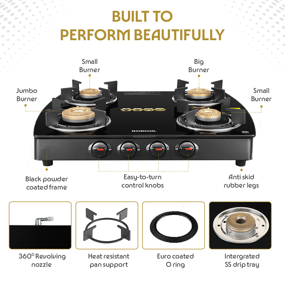 BOROSIL PRIMA 4 BURNER COOKTOP  8MM TOUGHENED GLASSTOP