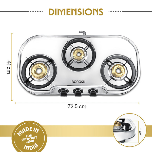 Borosil Ignite Pro 3 Burner Cooktop Stainless Steel dimensions