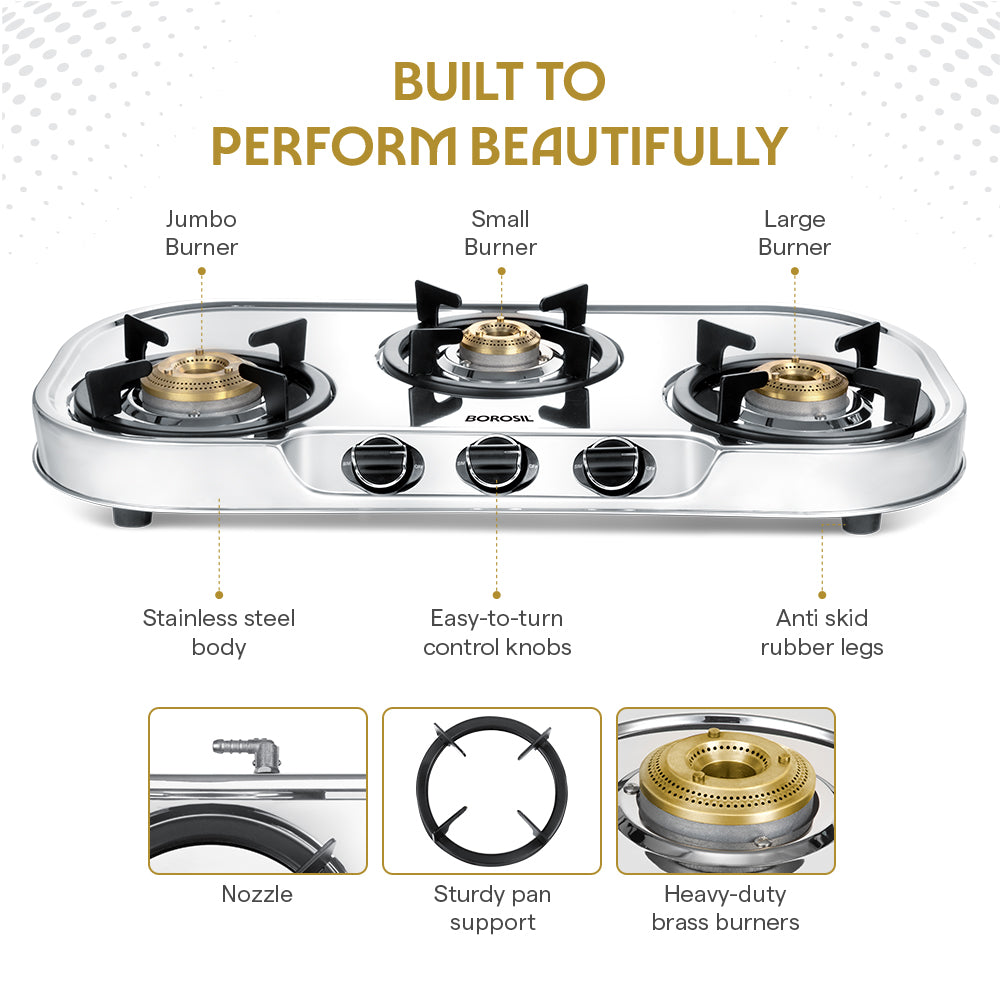 BOROSIL IGNITE PRO 3 BURNER COOKTOP STAINLESS STEEL