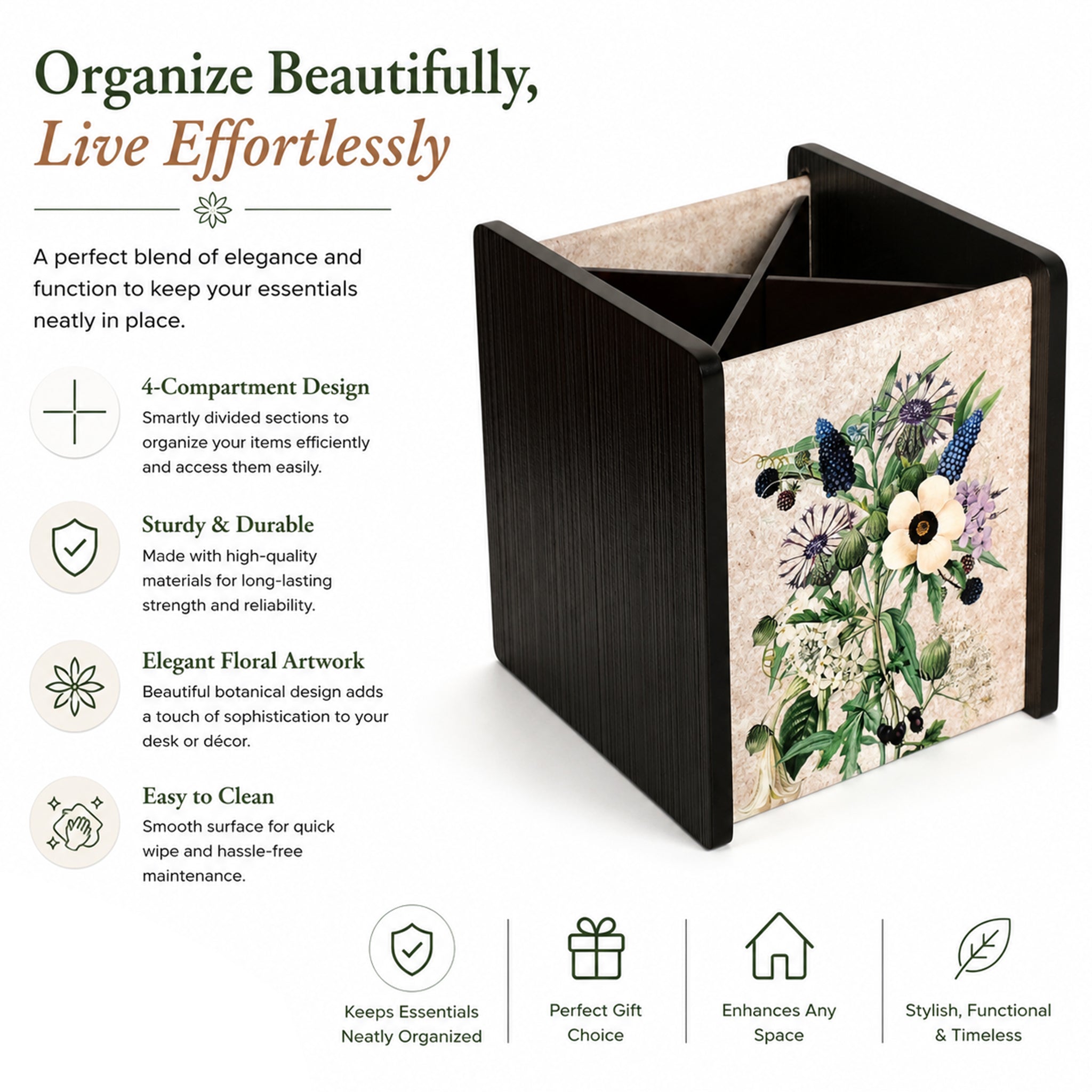 Floral Garden Wooden Cutlery Holder