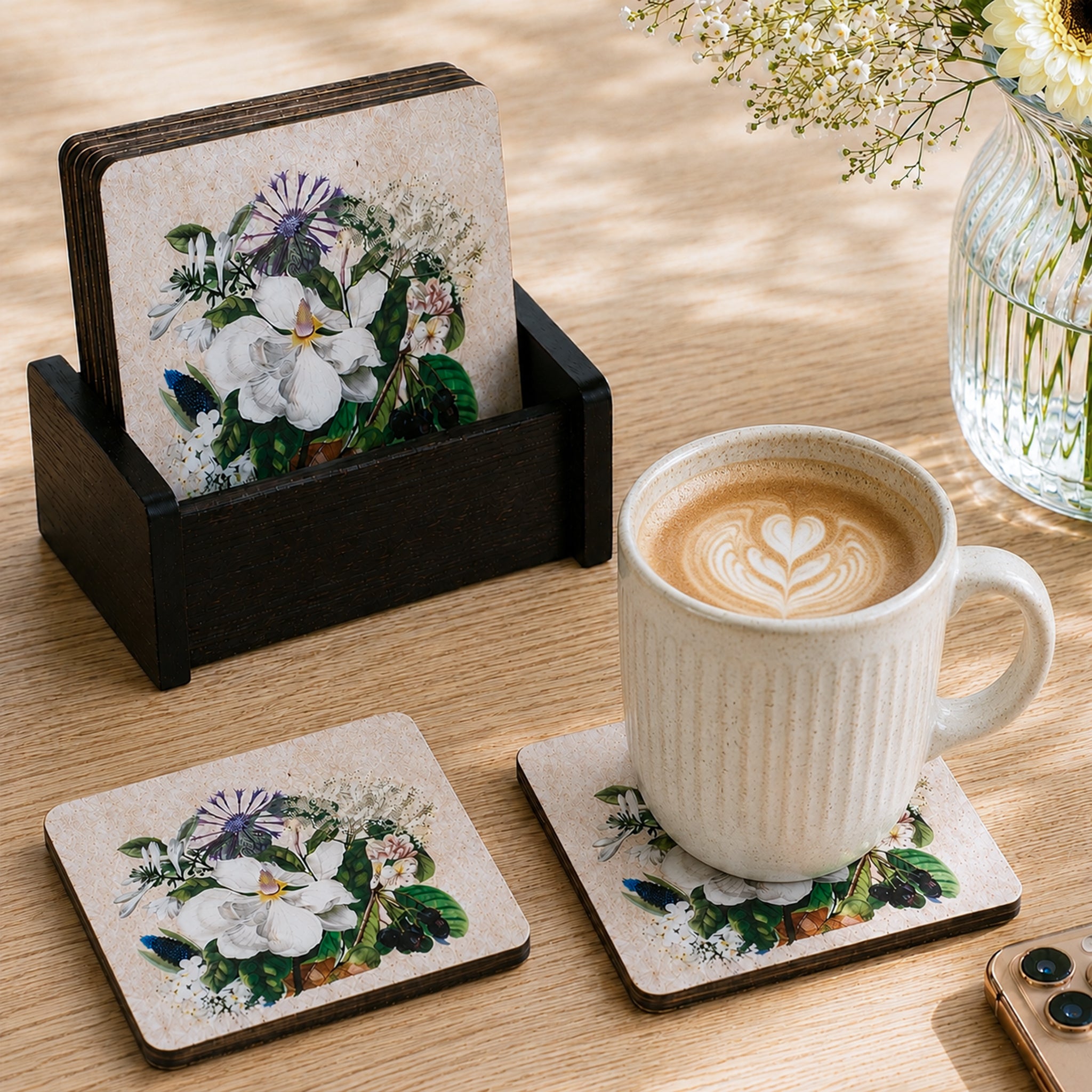 Floral Garden Wooden Coaster With Stand