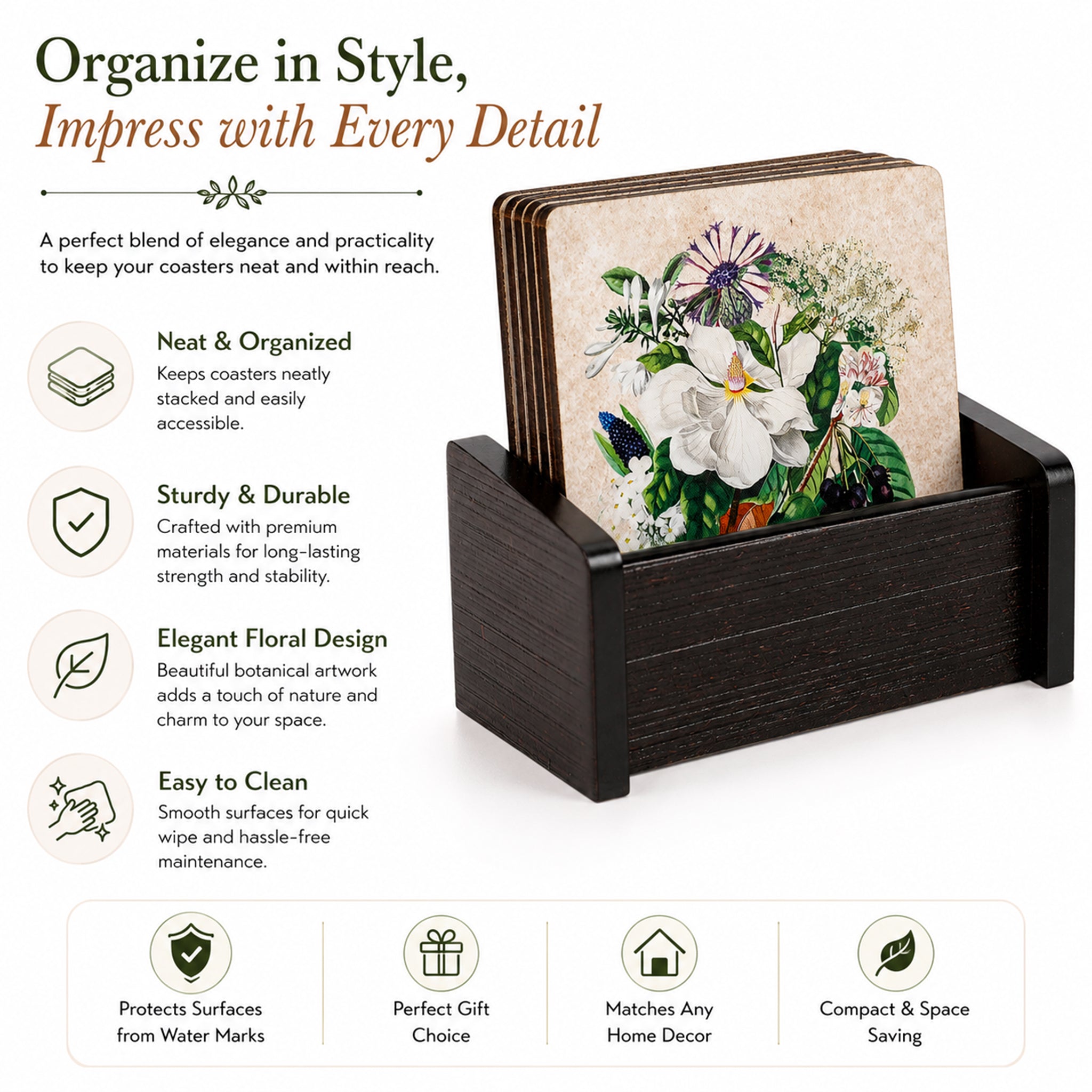 Floral Garden Wooden Coaster With Stand