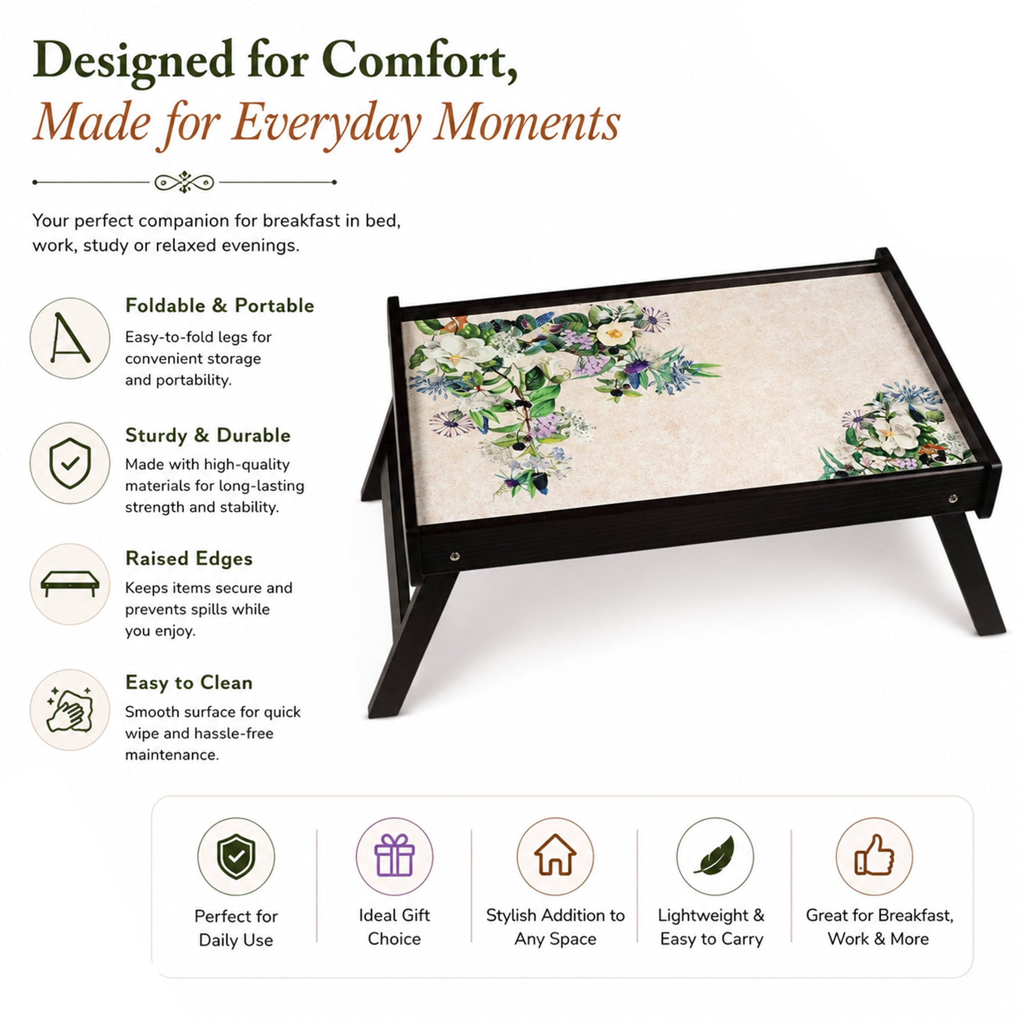 Floral Garden Wooden Bed Tray Large