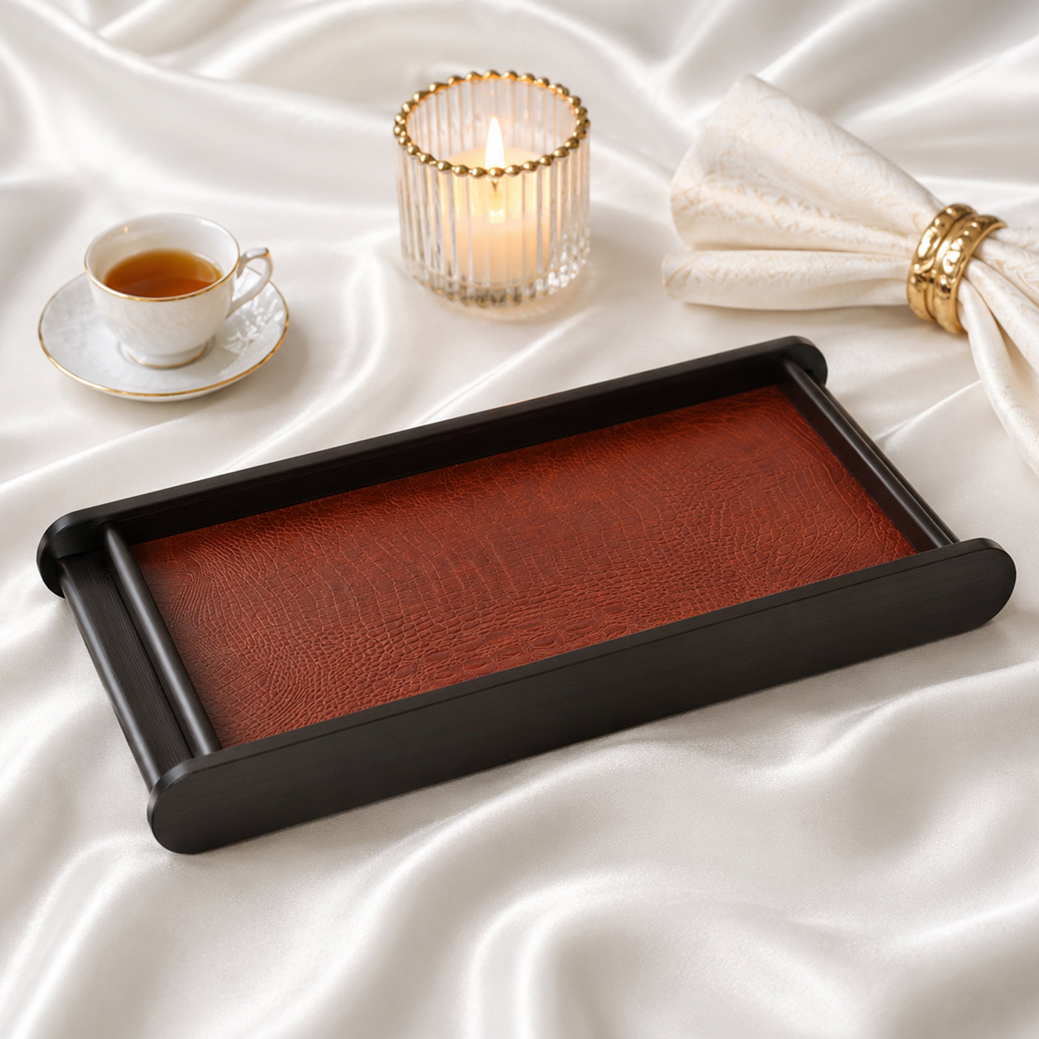 Leather Wooden Tray Reversible Medium