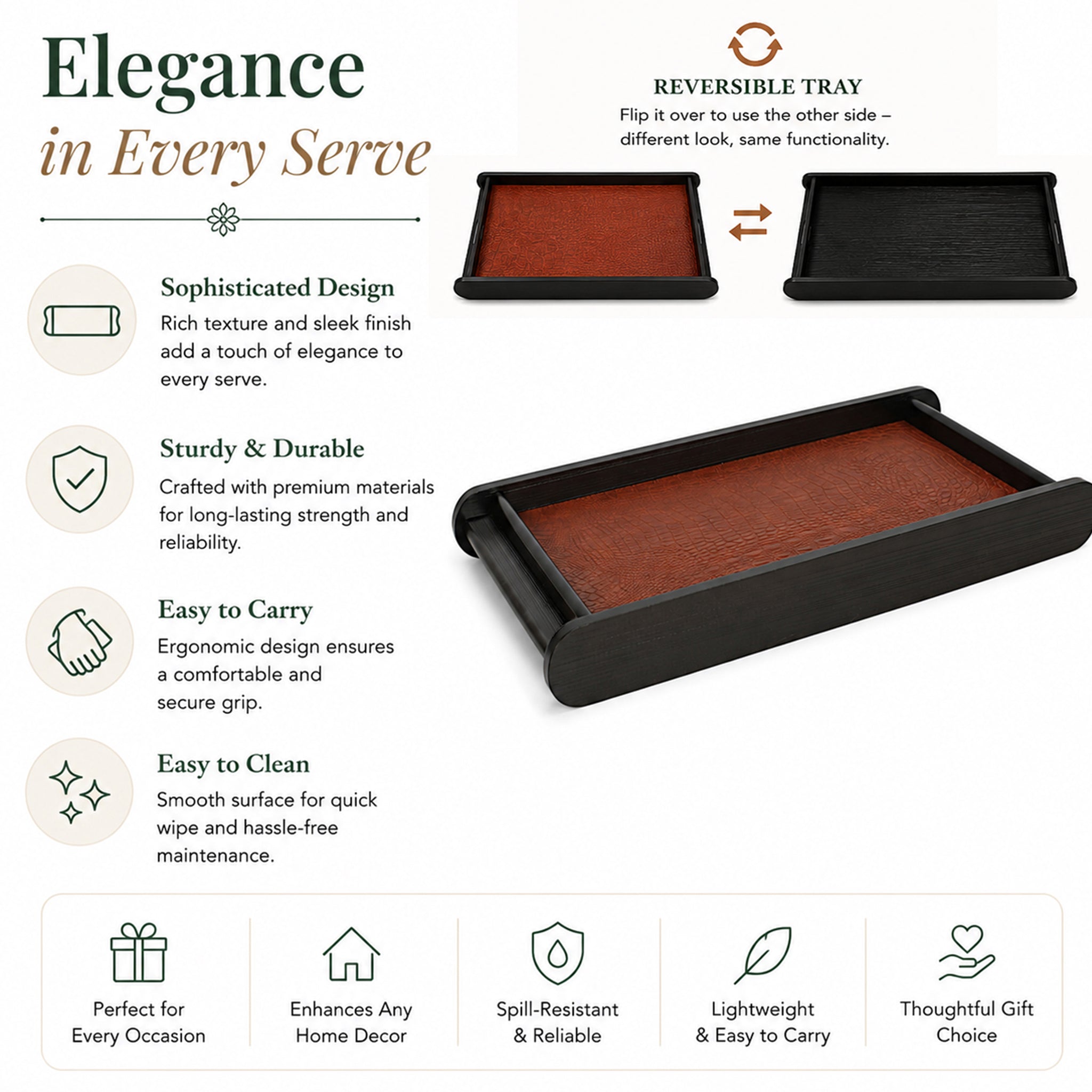 Leather Wooden Tray Reversible Medium