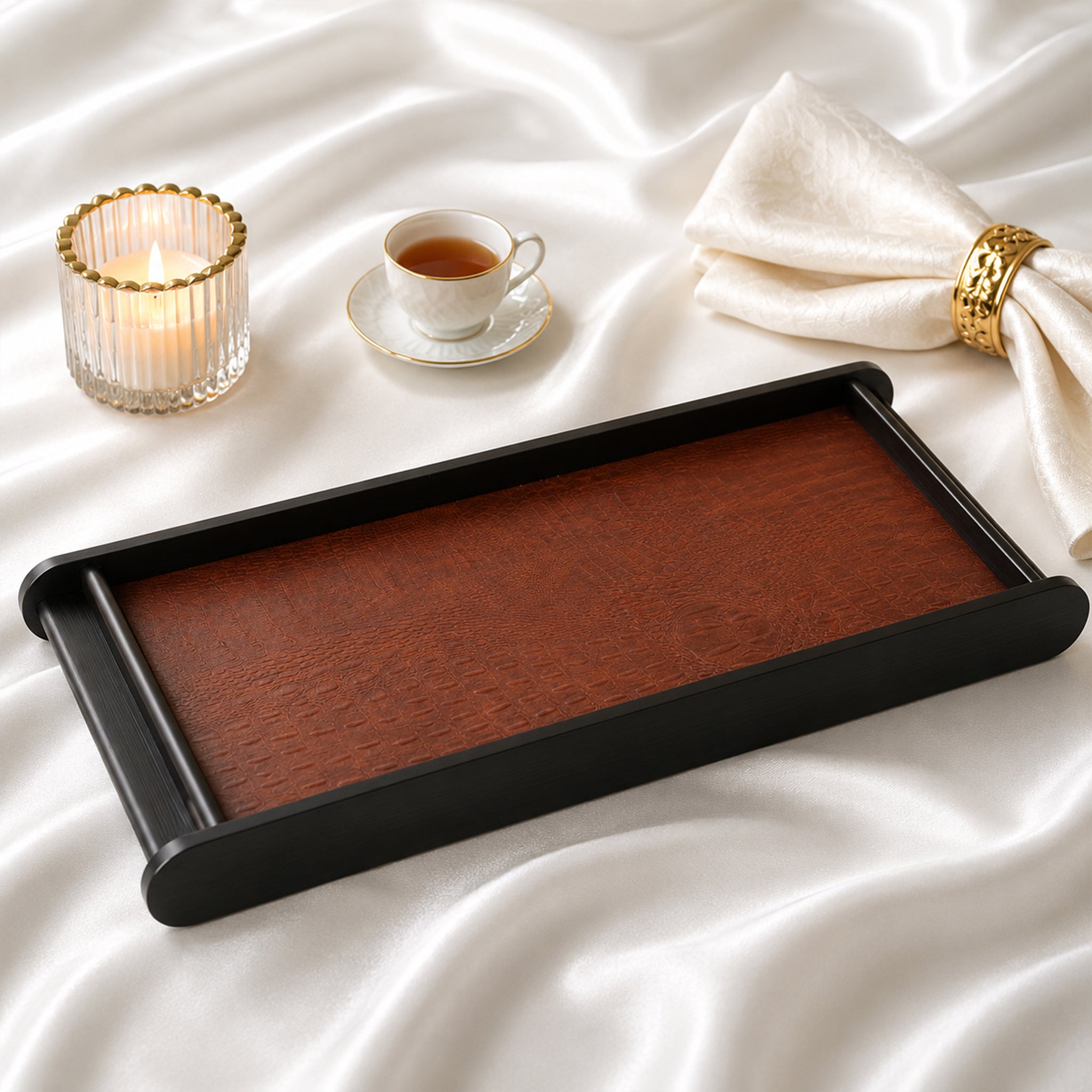 Leather Wooden Tray Reversible Large