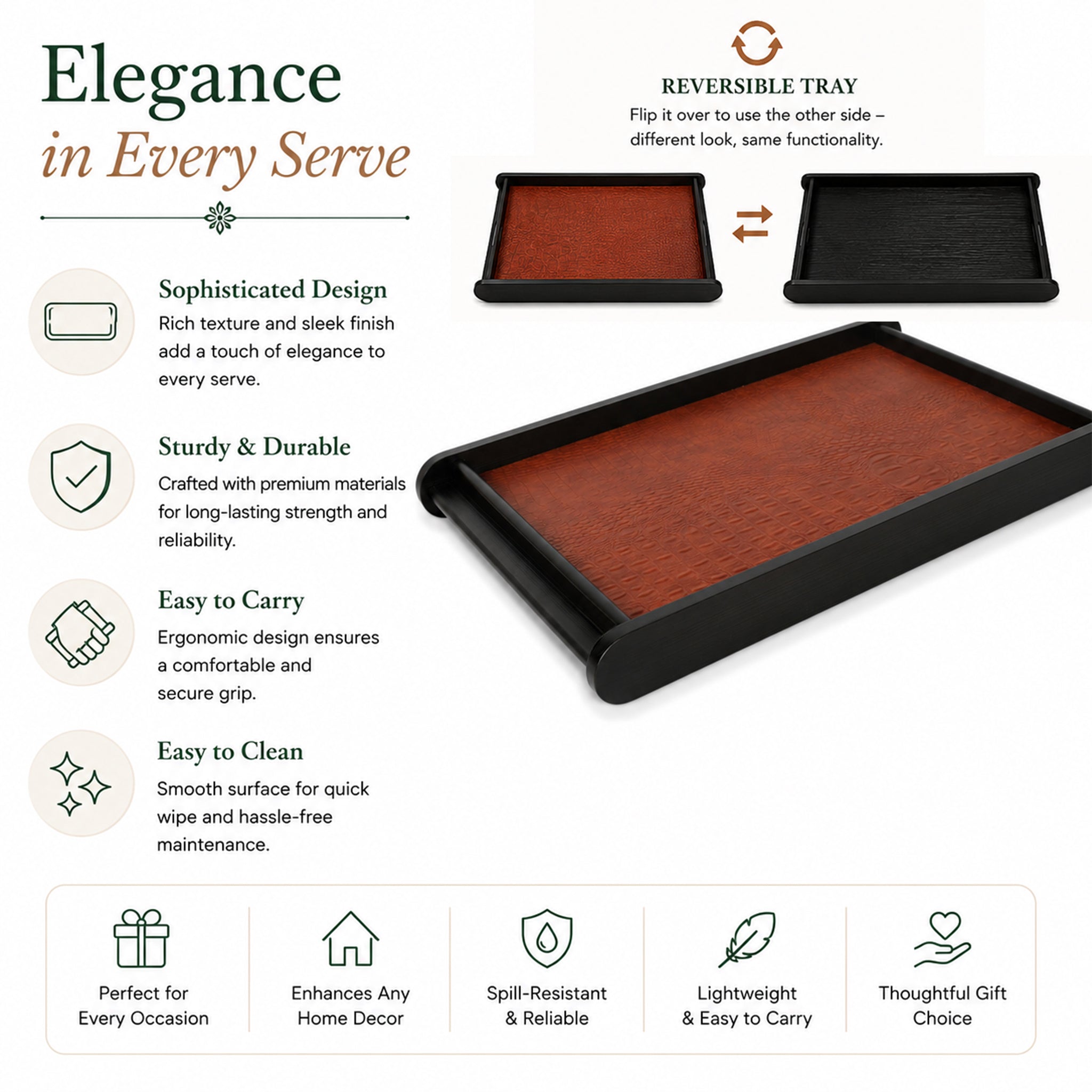 Leather Wooden Tray Reversible Large