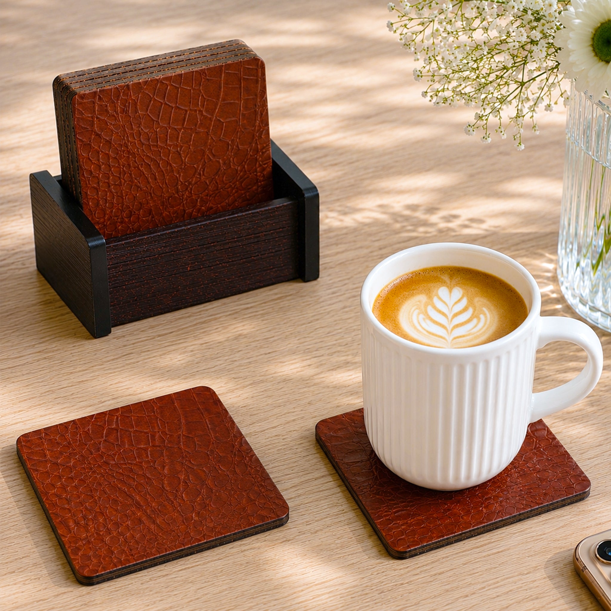 Leather Wooden Coaster With Stand