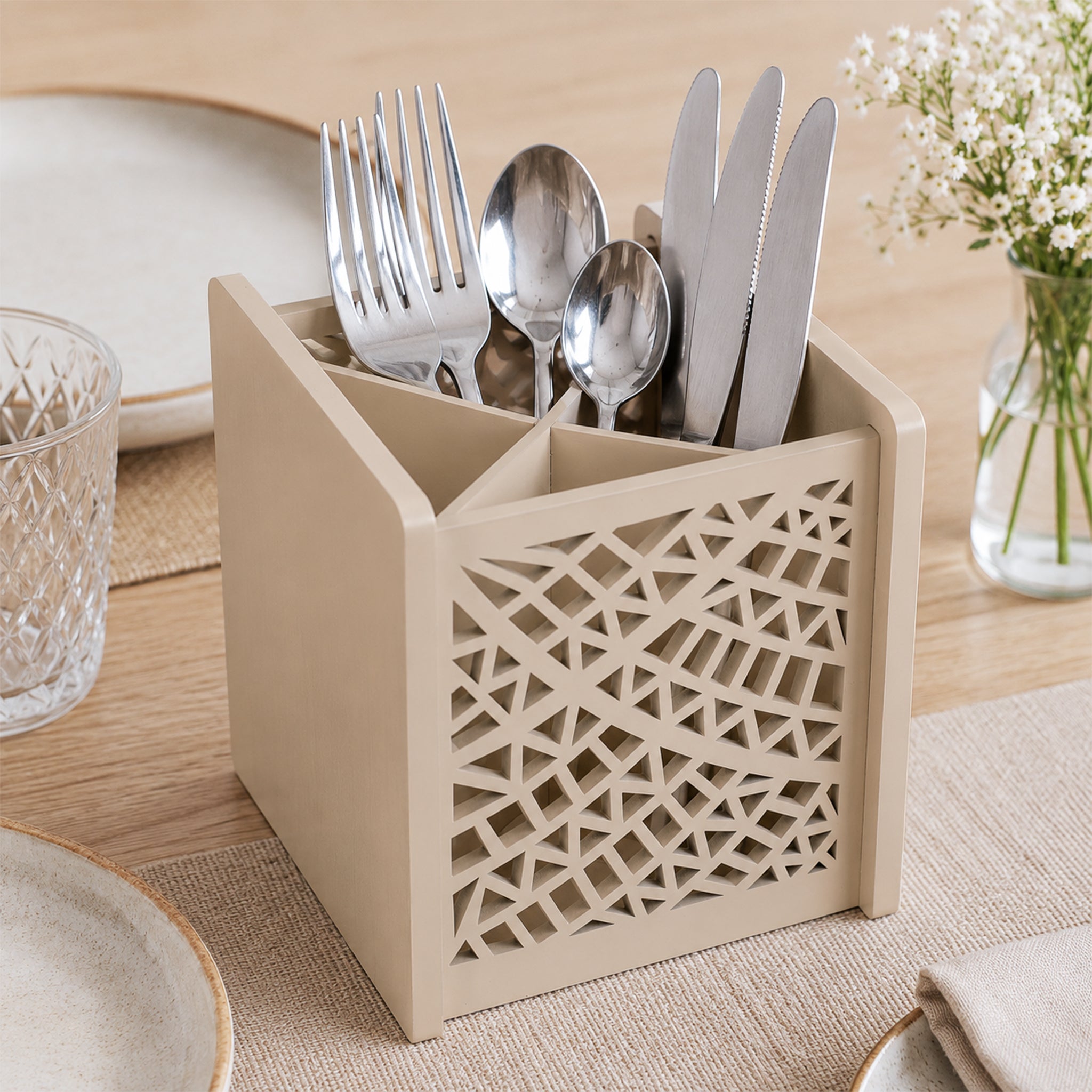 Laser Glass Wooden Cutlery Holder