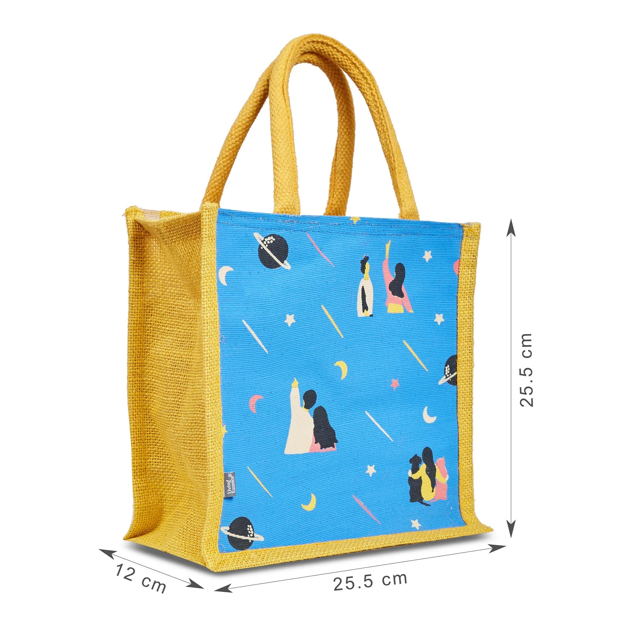 Good Life Jute Reversible Stary Night Printed Lunch Bag 25.5 x 25.5 Cm in Navy Blue & Yellow Colour - HomeTown