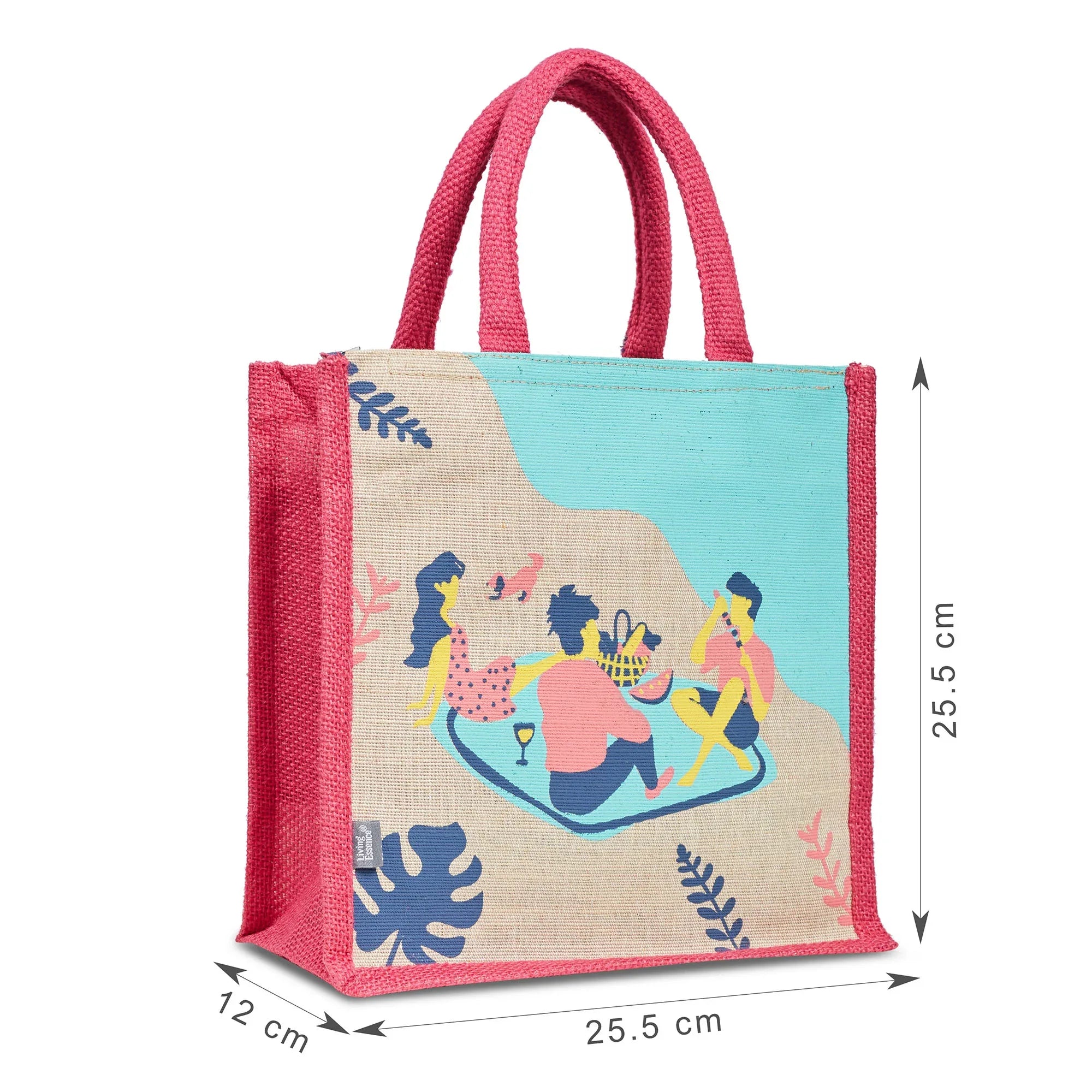 Good Life Jute Reversible Salt, Sea & Snack Printed Lunch Bag 25.5 x 25.5 Cm in Pink Colour - HomeTown