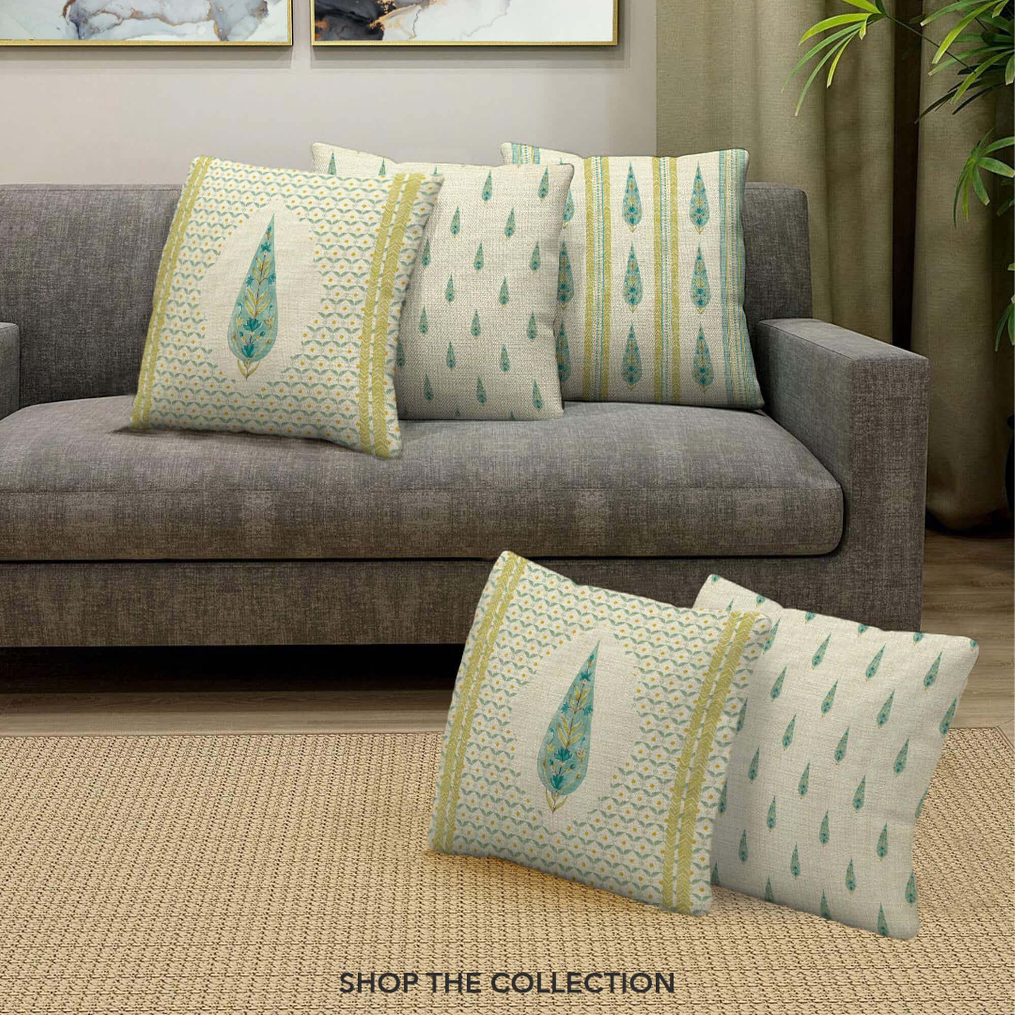 Indian Botanical Reversible Stripe Digital Printed Cushion Cover 40x40 Cm in Aqua Colour - HomeTown