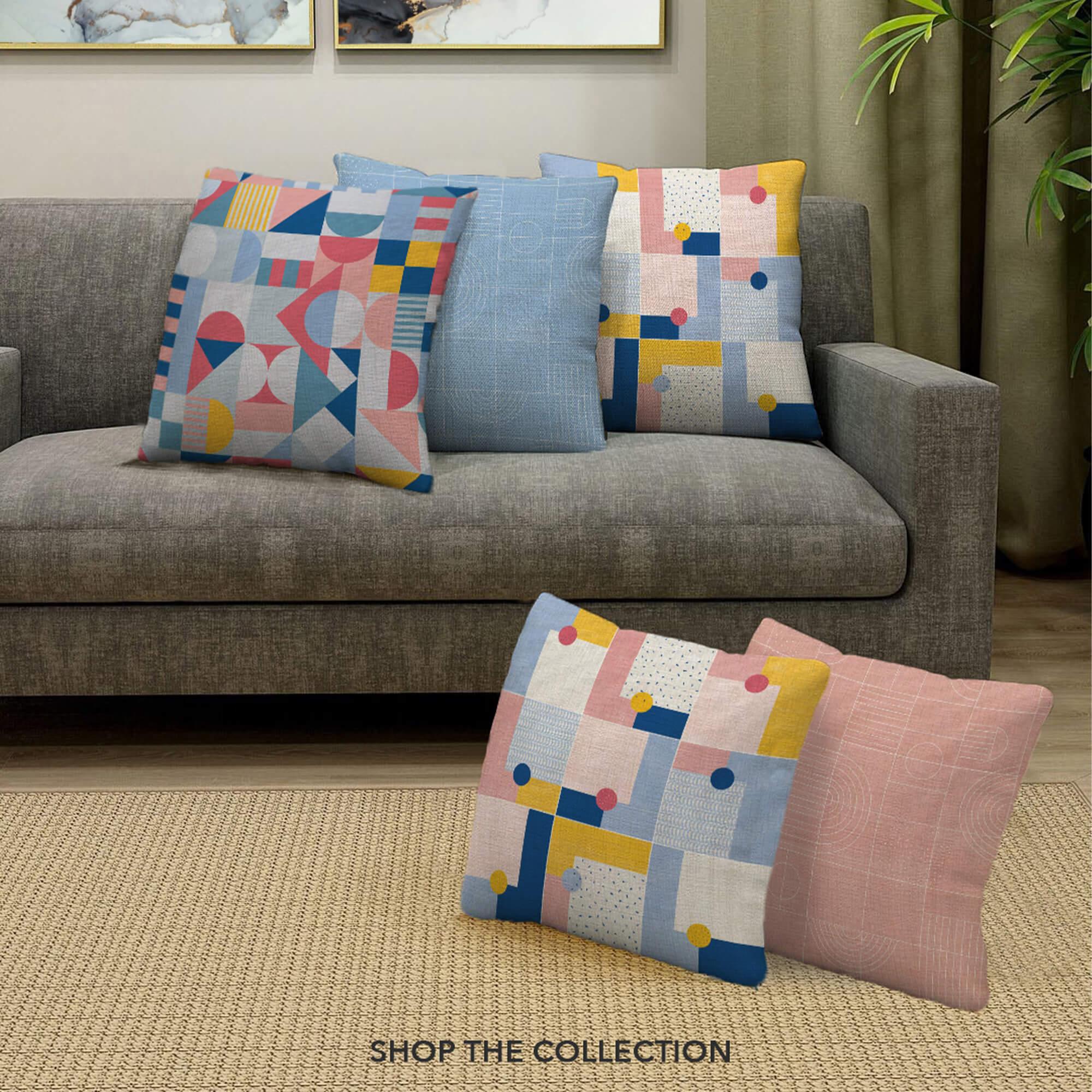 Pop Modern Reversible Bauhaus Digital Cushion Cover 40x40 Cm in Blue Colour - HomeTown