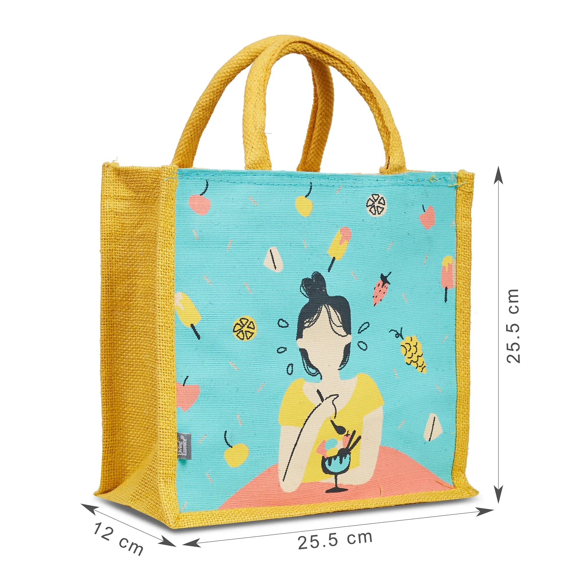 Good Life Jute Reversible Dessert Printed Lunch Bag 25.5 x 25.5 Cm in Turq & Yellow Colour - HomeTown