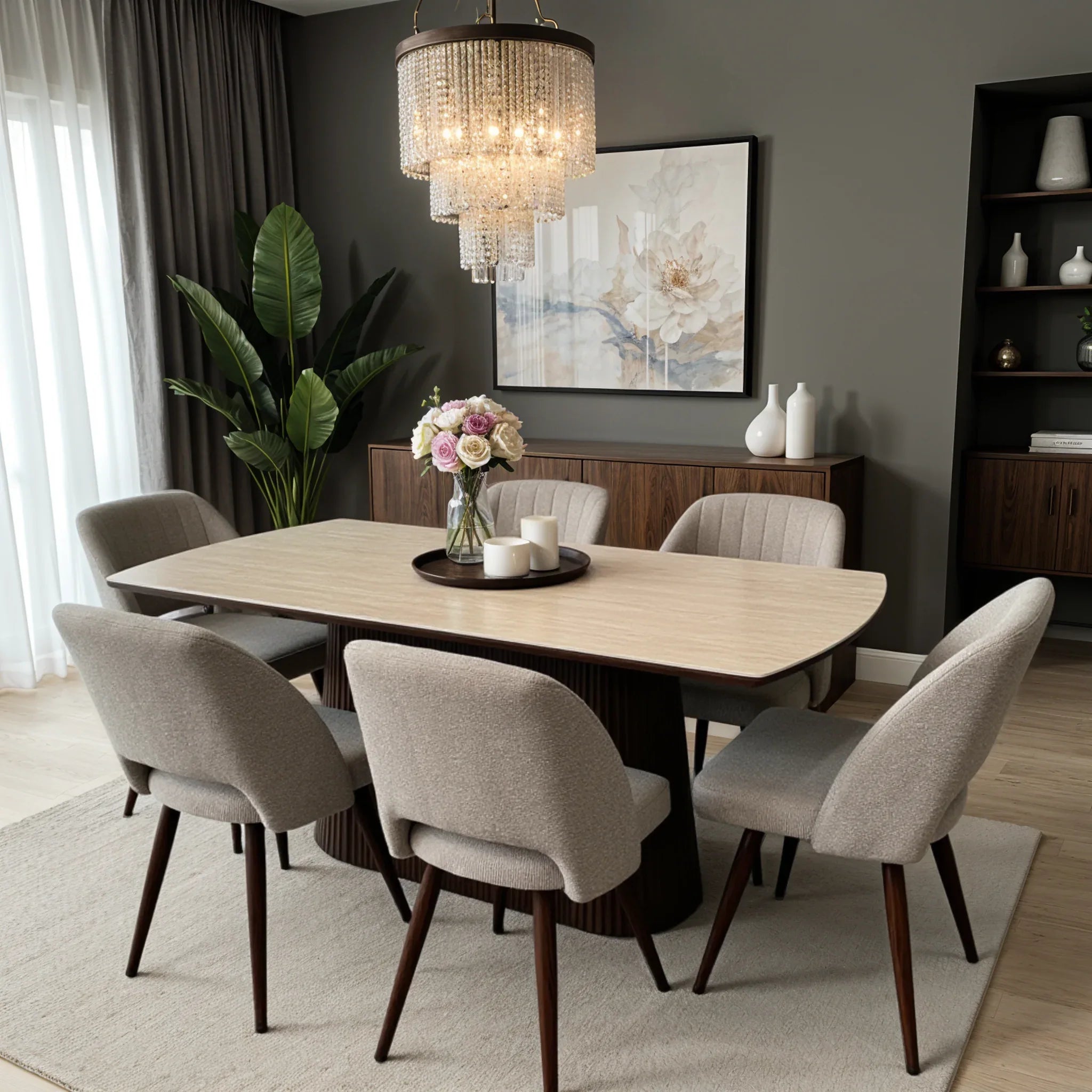 Terranova Sintered Stone 6 Seater Dining Set in Beige & Walnut Finish - HomeTown