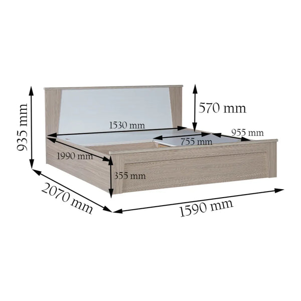 Ambra Queen Size Bed with Box Storage in Oak Colour dimensions