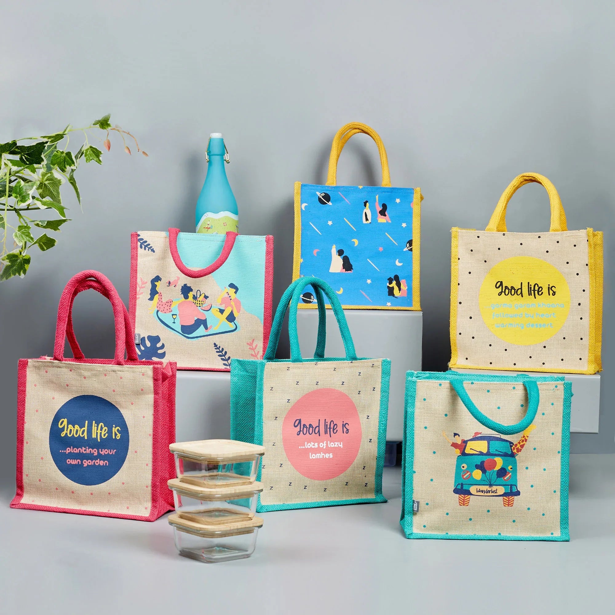 Good Life Jute Reversible Bag Garden Printed Lunch Bag 25.5 x 25.5 Cm in Multi Colour - HomeTown