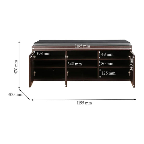 Hometown Engineered Wood 3 Door Shoe Rack with Seat in Wenge Colour dimensions