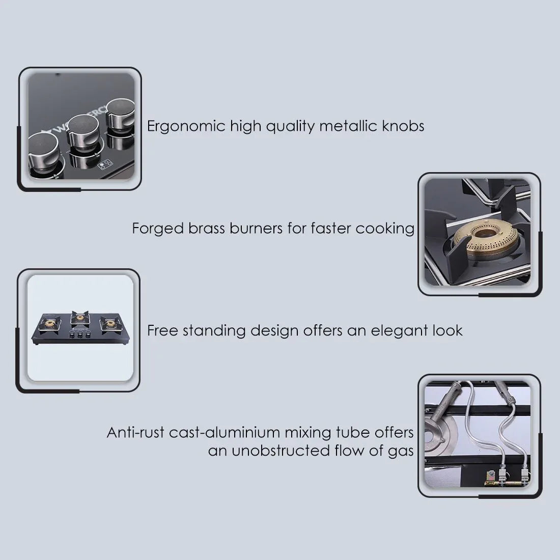 Octavia 1 - Gas Stove, 3 - Forged Brass Burners, 3 - Heavy duty pan support in Black Colour - HomeTown