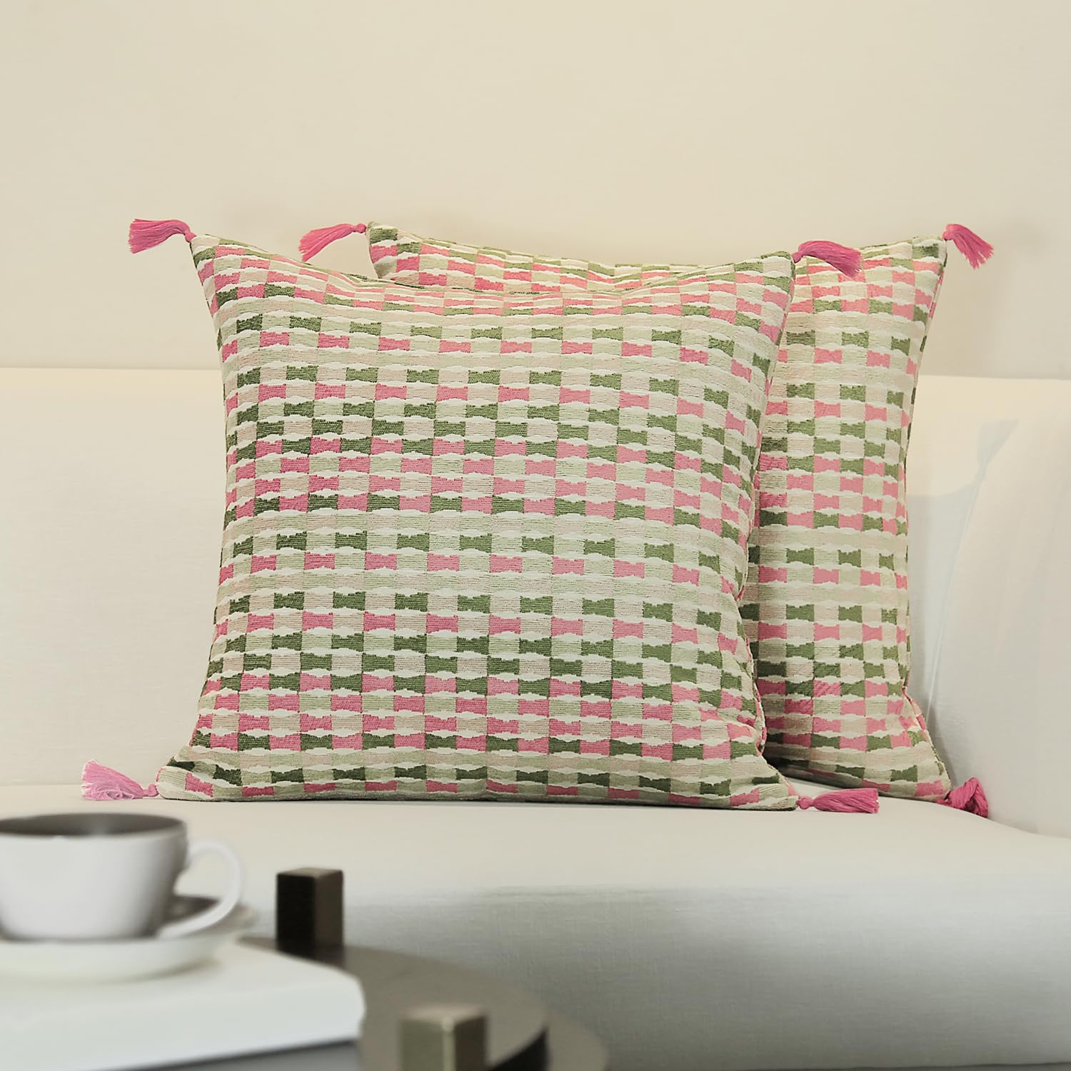 GM Jacquard Self Design Polyester Washable 2 Pcs Textured Square Cushion Covers -16x16In