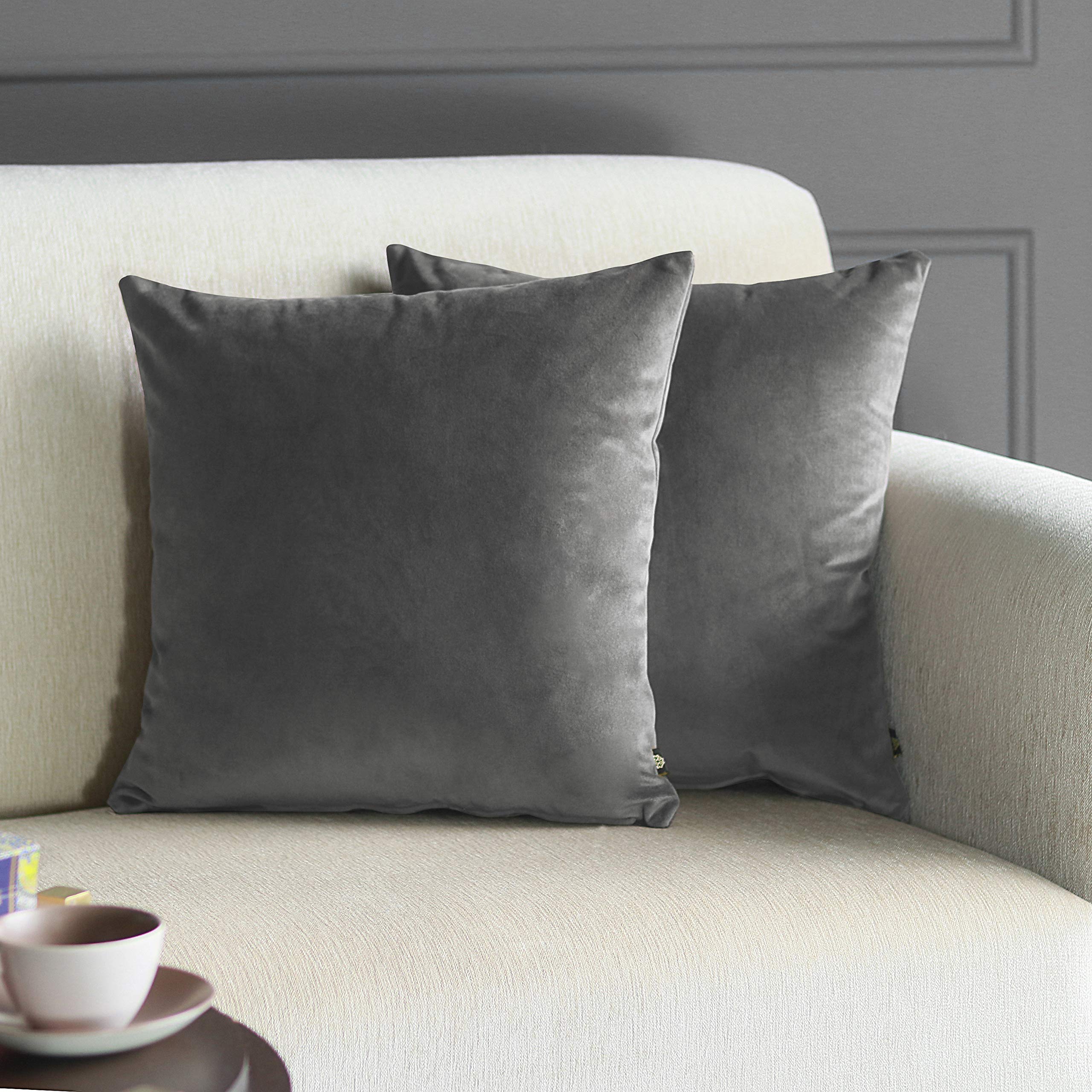 GM Grey Velvet Durable 2 Piece Square Cushion Covers -16x16In