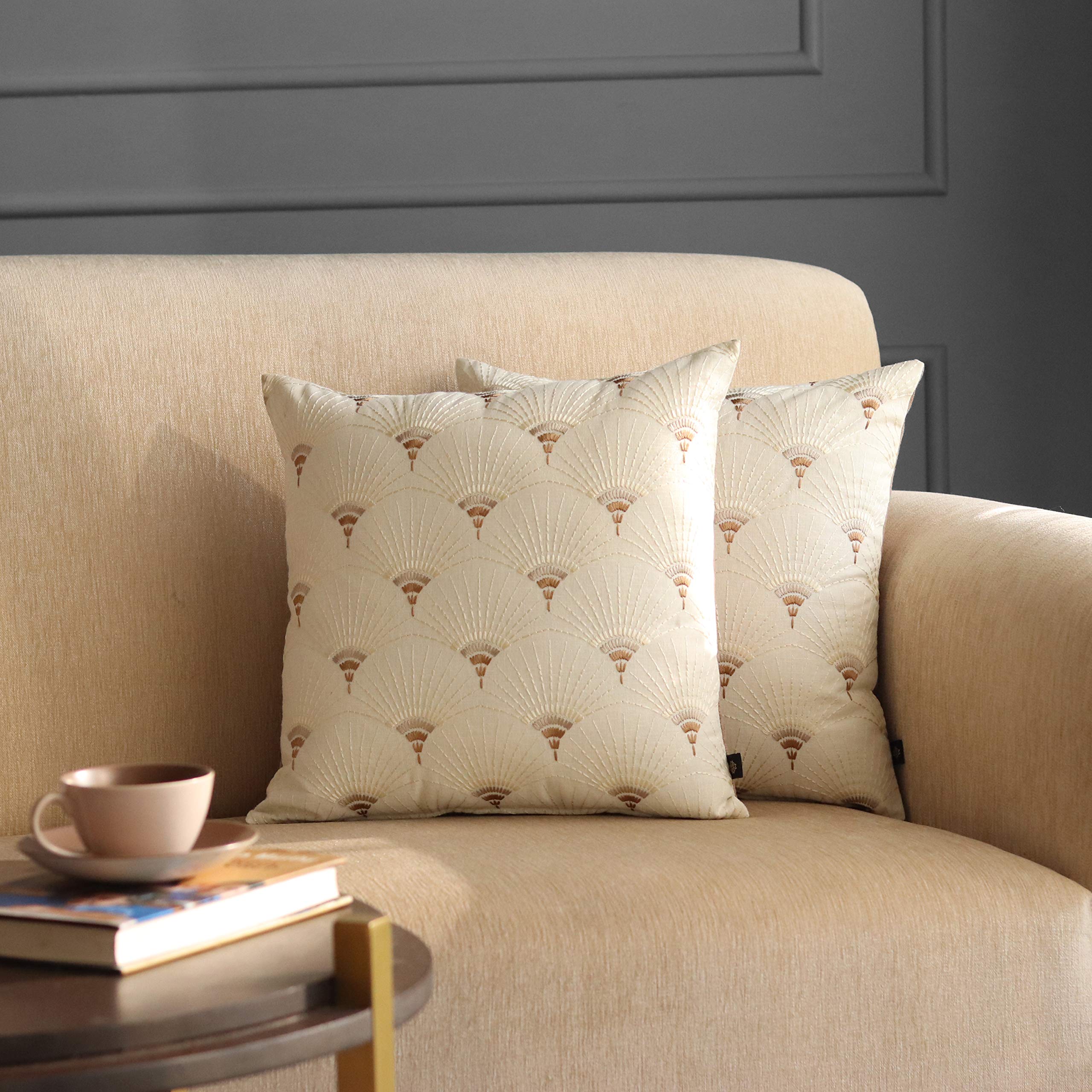 GM Set Of 2 Brown Embroidered Square Cushion Covers