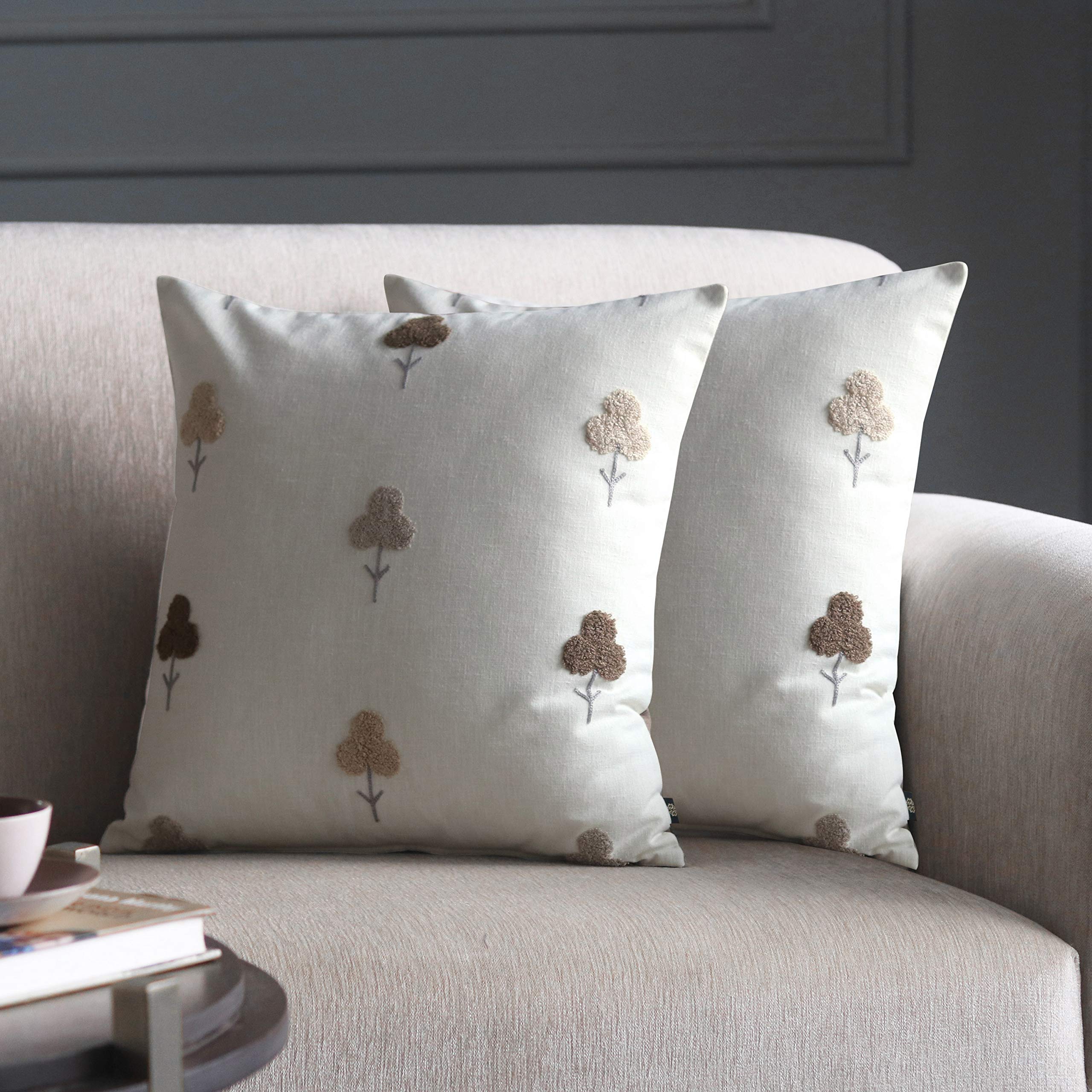 GM Off White Floral Cotton Breathable 2 Piece Embroidered Square Cushion Covers -16x16In